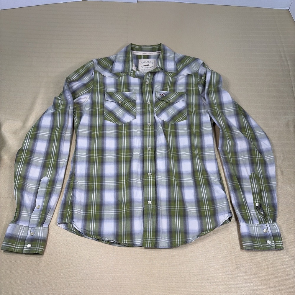 Hollister Mens Large Pearl Snap Front Plaid Shirt Green Gray Western Button up